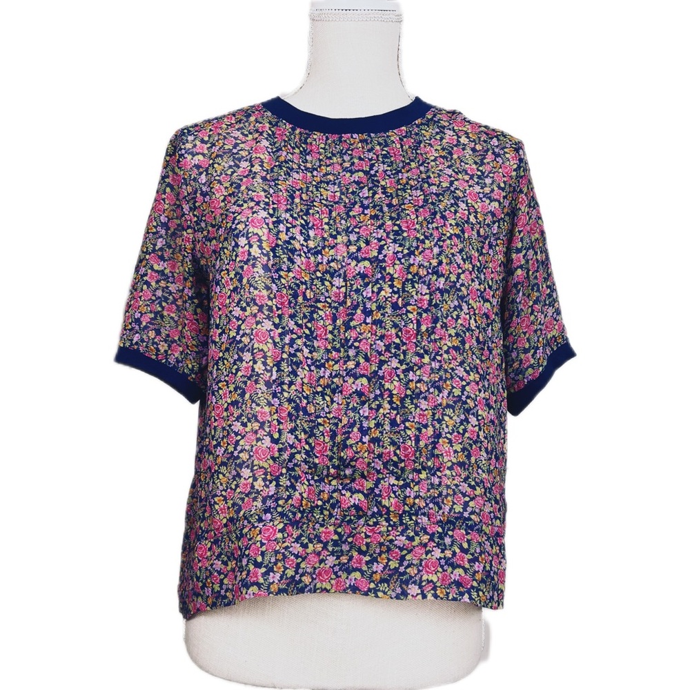 Anthropologie Navy Floral Blouse Pink Liberty Print Cottagecore Top
